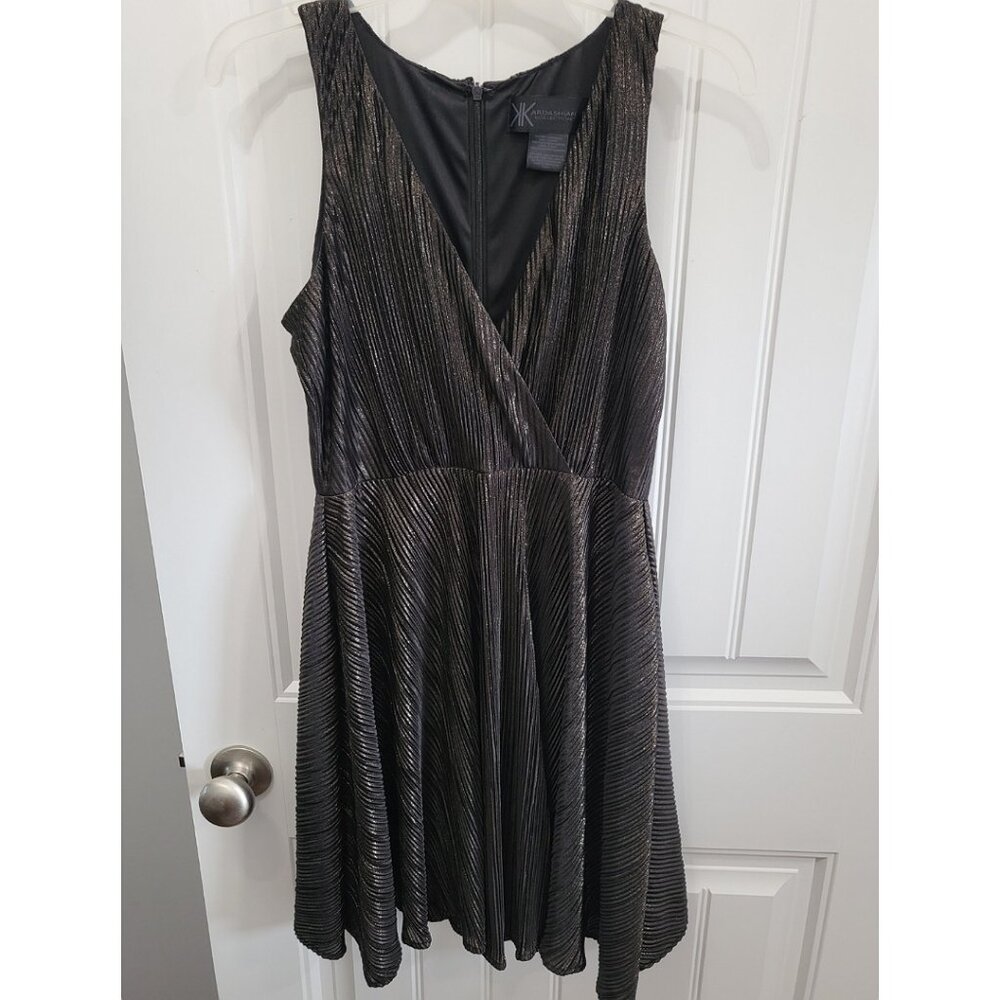 Kardashian Kollection V Neck black & gold shimmer cocktail dress (S)